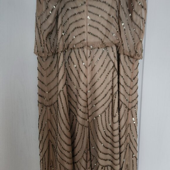 Adrianna Papell Beaded Mesh (Champagne Gold) Floor Length Gown, Size 12 - Picture 6 of 7